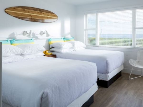 The image shows a bright room with two beds, a surfboard wall decoration, a phone on a bedside table, a white chair, and a window with blinds.