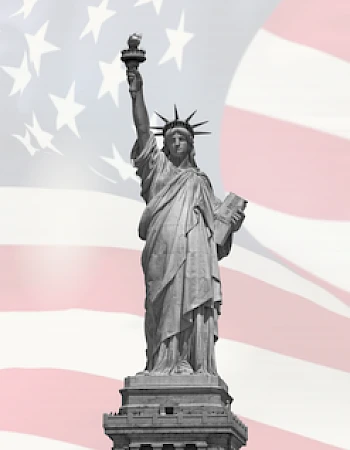 The image shows the Statue of Liberty in front of an American flag background.