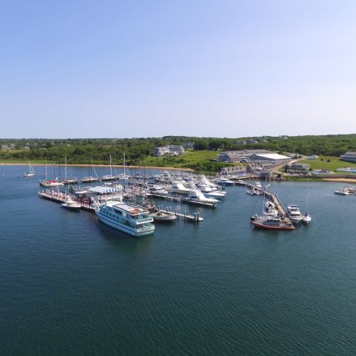 A marina with several boats docked on a sunny day, surrounded by green land and a few buildings in the background.