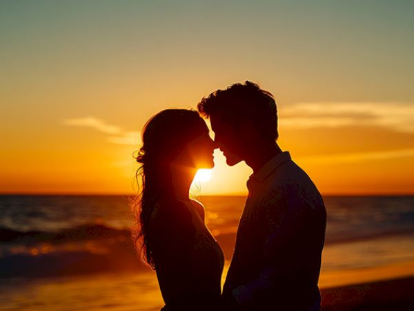 A couple stands close together on a beach, silhouetted against a vibrant sunset over the ocean, creating a romantic scene.