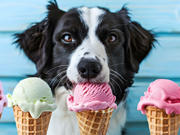 A black and white dog is licking a pink ice cream cone surrounded by other cones, set against a blue wooden background.