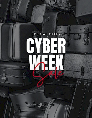 A stack of suitcases forms the background for a "Special Offer Cyber Week Sale" promotional text in bold white and red.
