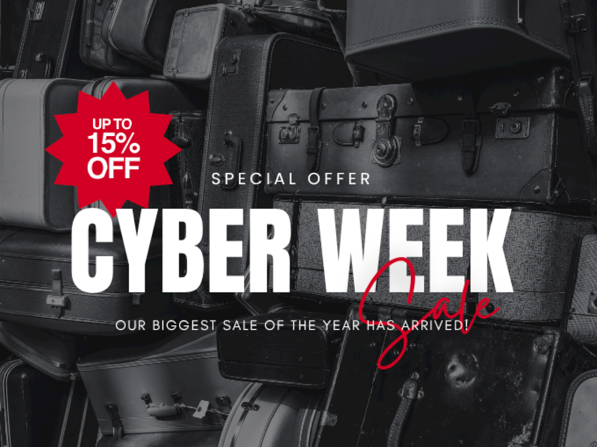 A promotional image for a Cyber Week sale with up to 15% off on stacked luggage, highlighting a special offer.