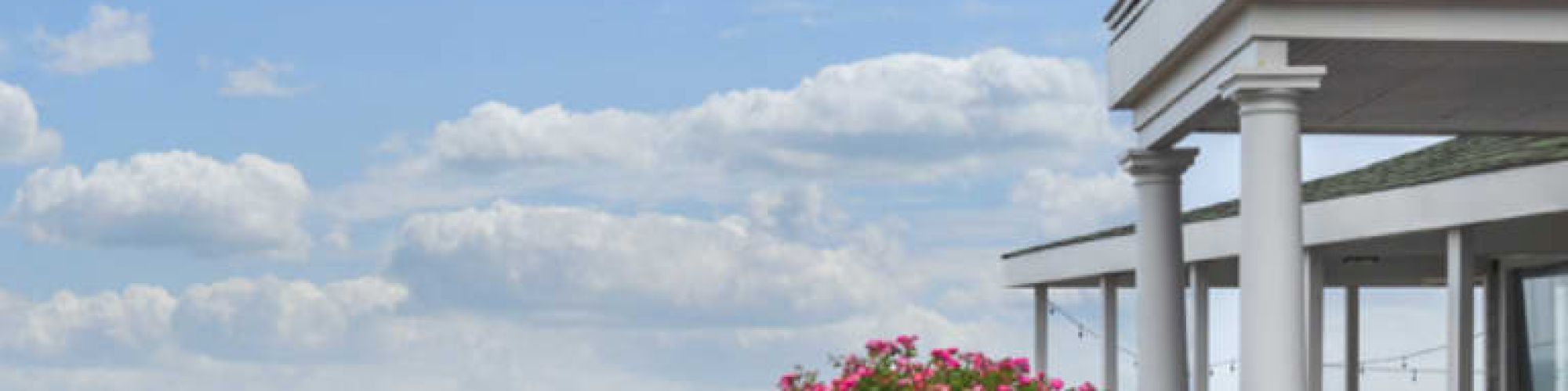 A seaside scene with a two-story porch building to the right, pink flowering shrub, parked cars along the road, and a sunny sky over the ocean.