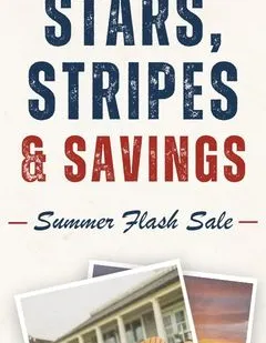 A promo banner reading &ldquo;Stars, Stripes & Savings&rdquo; for a Summer Flash Sale, with a photo collage of porch chairs at the bottom.